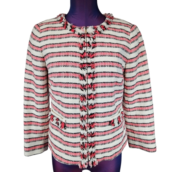 Talbots Fringed Tweed Zip Up Blazer Striped‎ Nautical Size 4 Women's D68 - Picture 1 of 9